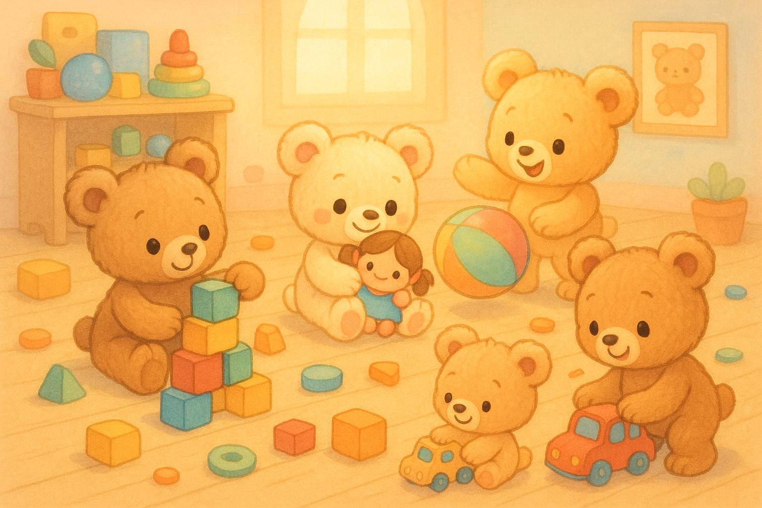 Little cartoon teddy bears playing with toys