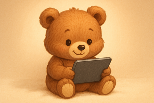 One little cartoon teddy bear playing on a tablet